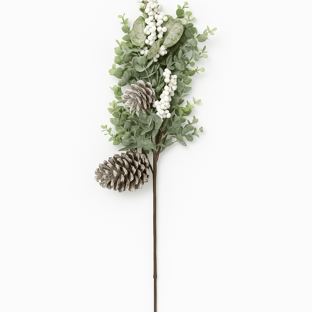 Christmas  -  White Berry Pinecone Christmas Stem - 72cm  -  60483987