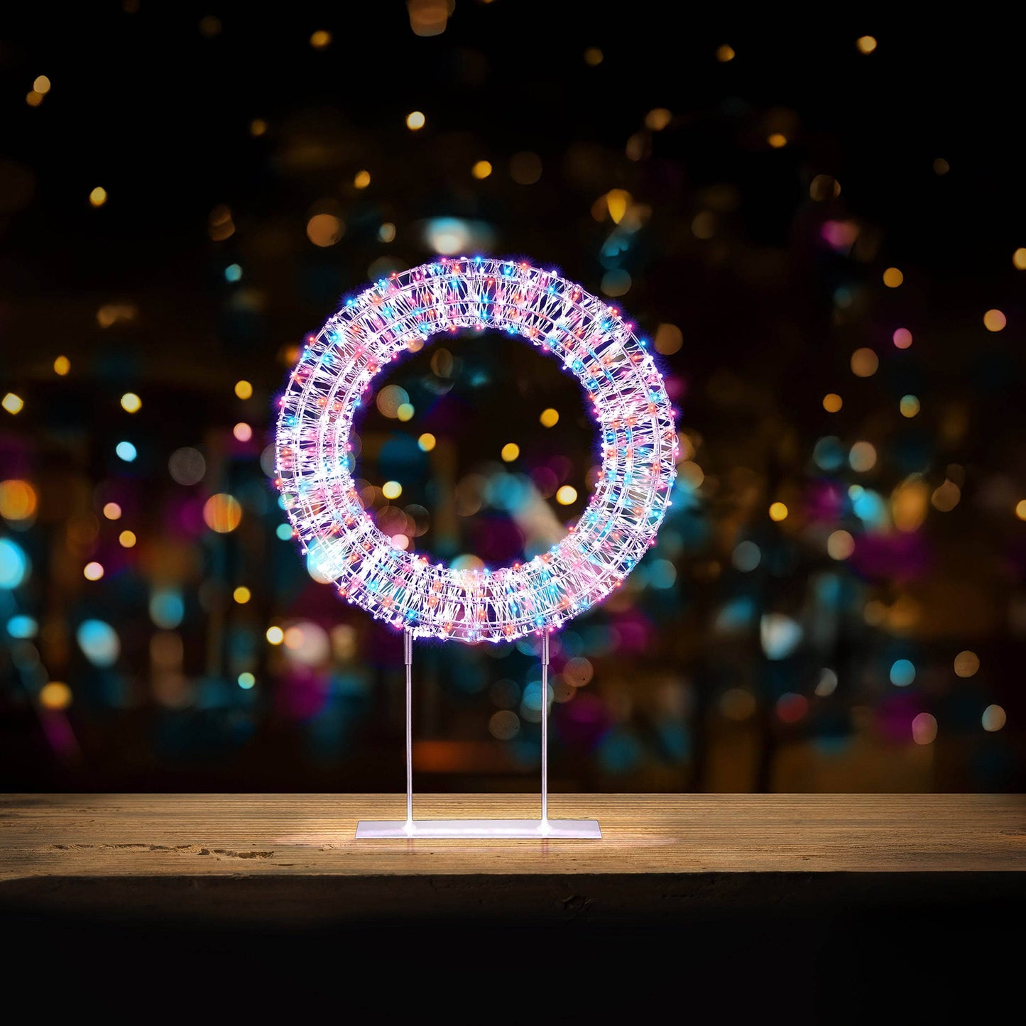 Christmas  -  White Table Top Wreath With Rainbow LED Lights - 45cm  -  60484040