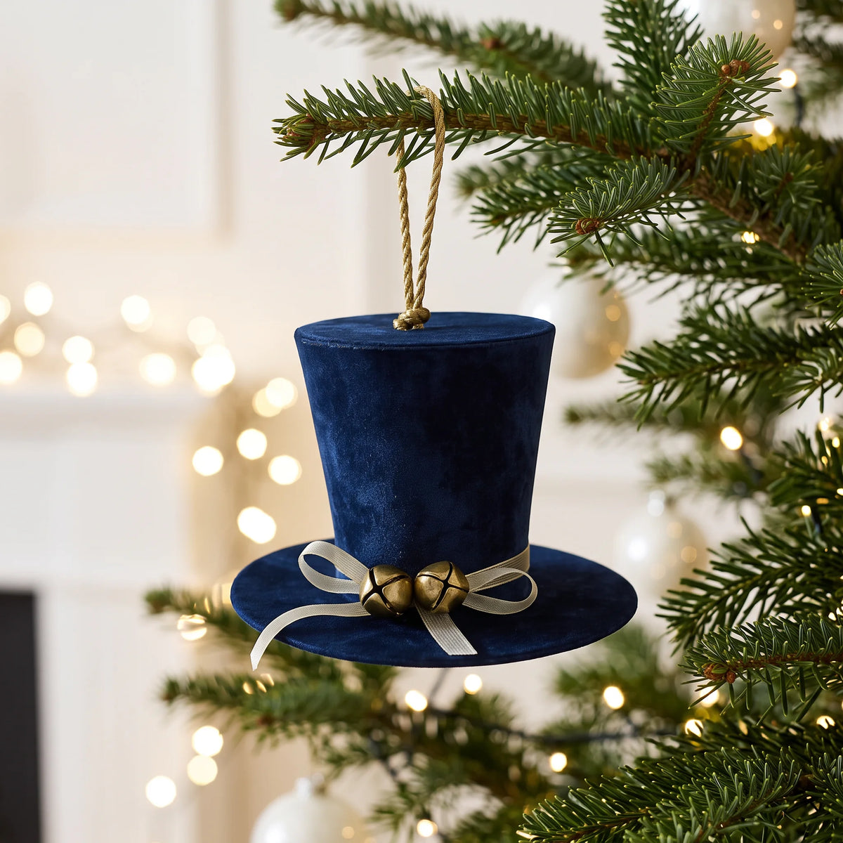 Christmas  -  Navy Velvet Hat Christmas Tree Decoration with Champagne Ribbon - 14cm  -  60484088