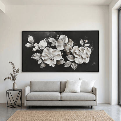 Pictures  -  Black & White Flowers Painting on Canvas - 80 x 150cm  -  60484479