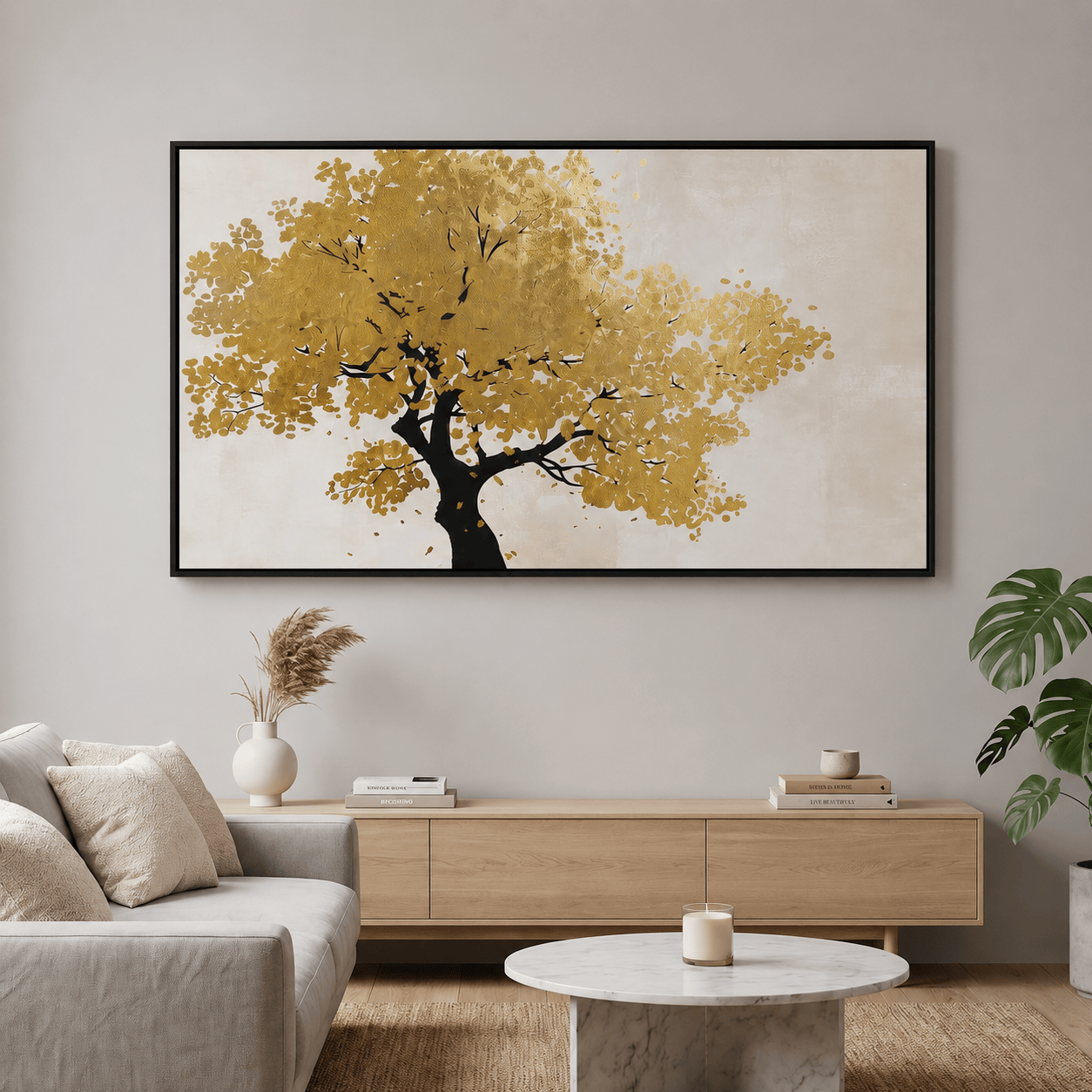 Pictures  -  Tree Framed Picture Gold & Cream - 80 x 150cm  -  60484481