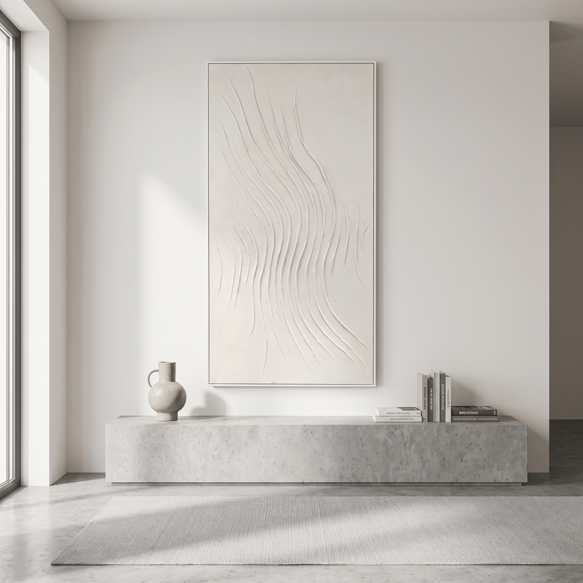 Pictures  -  Cream Abstract Painting on Canvas with White Frame - 150 x 80cm  -  60484489