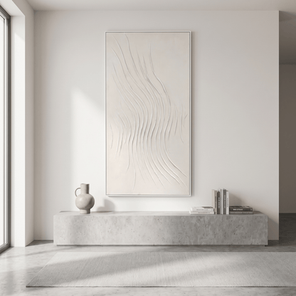 Pictures  -  Cream Abstract Painting on Canvas with White Frame - 150 x 80cm  -  60484489