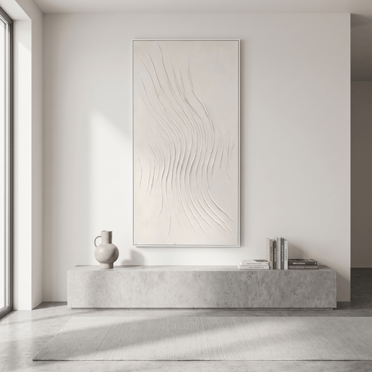 Pictures  -  Cream Abstract Painting on Canvas with White Frame - 150 x 80cm  -  60484489