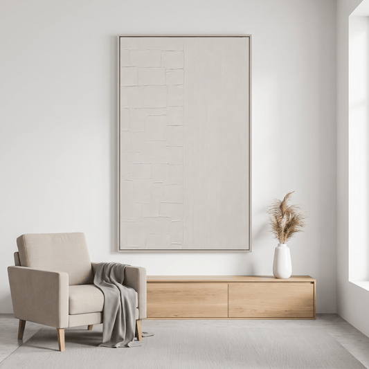 Pictures  -  Cream Abstract Painting on Canvas with Ivory Frame - 150 x 80cm  -  60484490