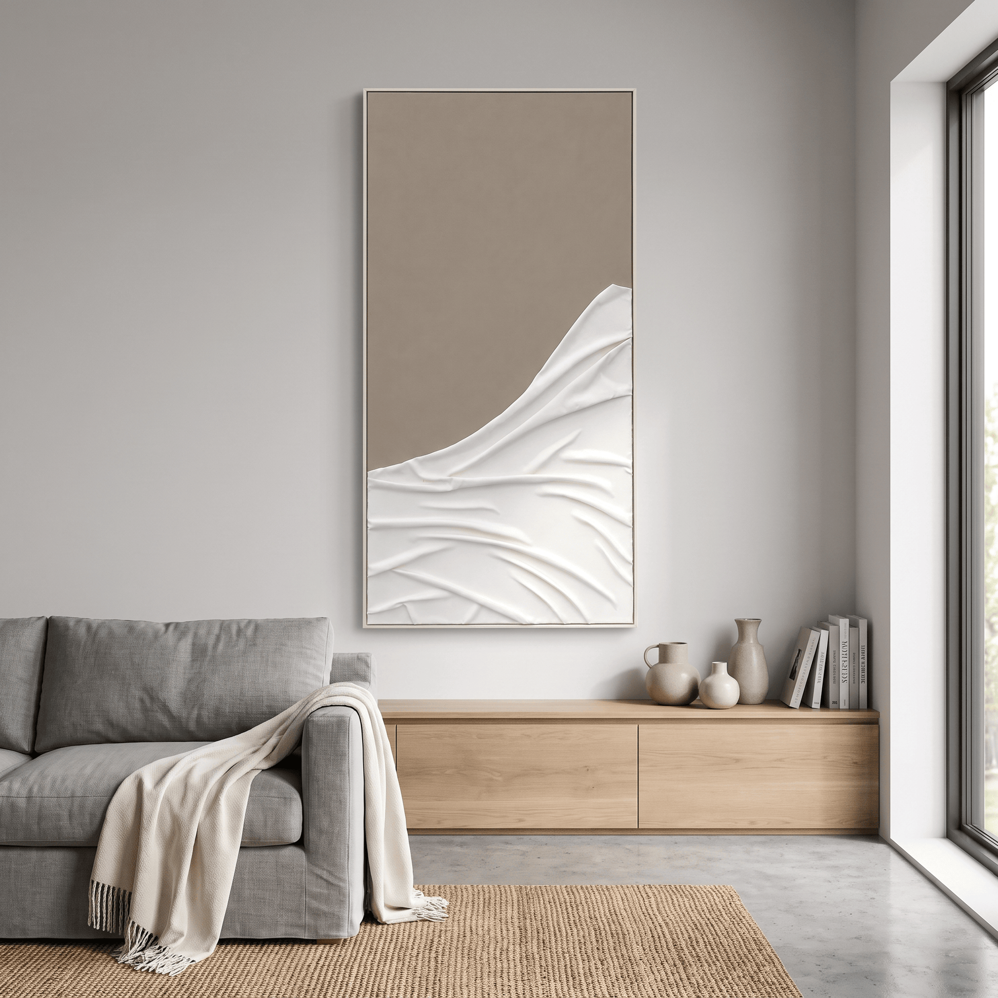 Pictures  -  Brown & White Textured Painting on Canvas with Ivory Frame - 150 x 80cm  -  60484492