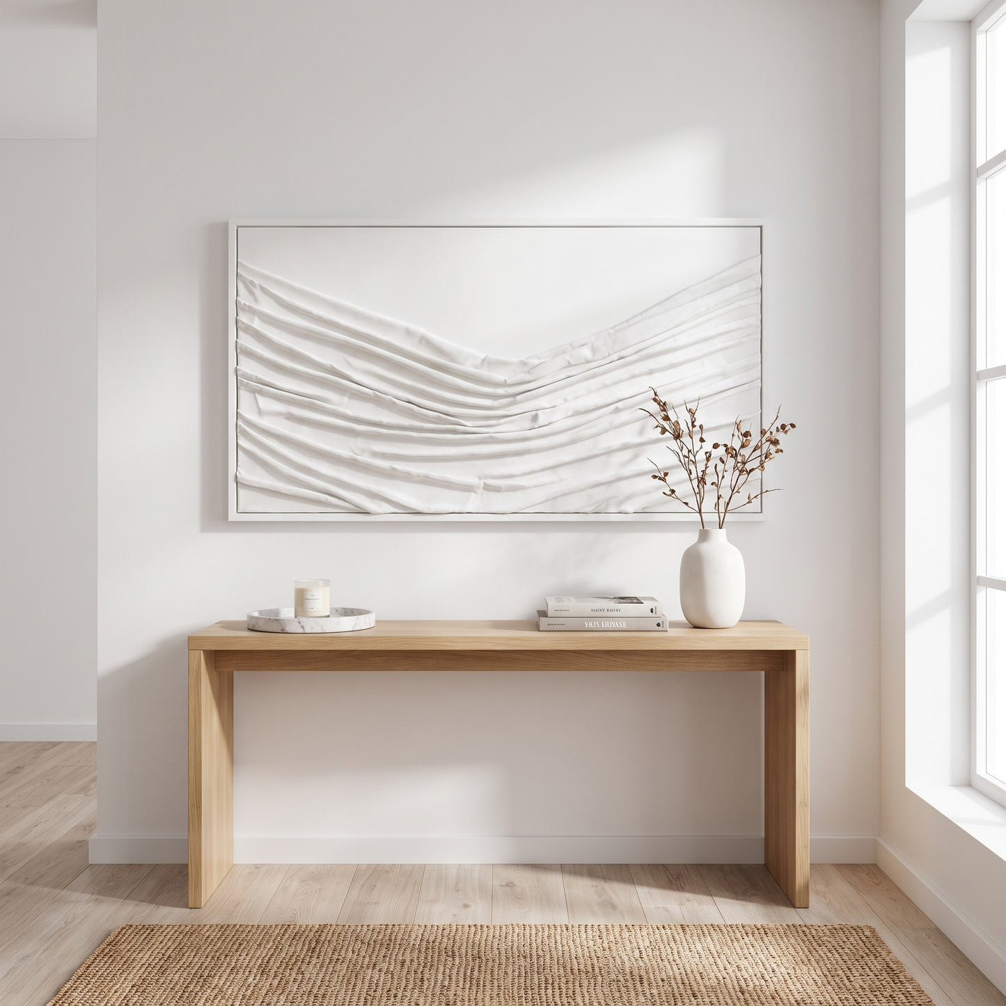 60484494 White Wood Framed Abstract Picture - 153 x 83cm displayed above console table in modern neutral interior