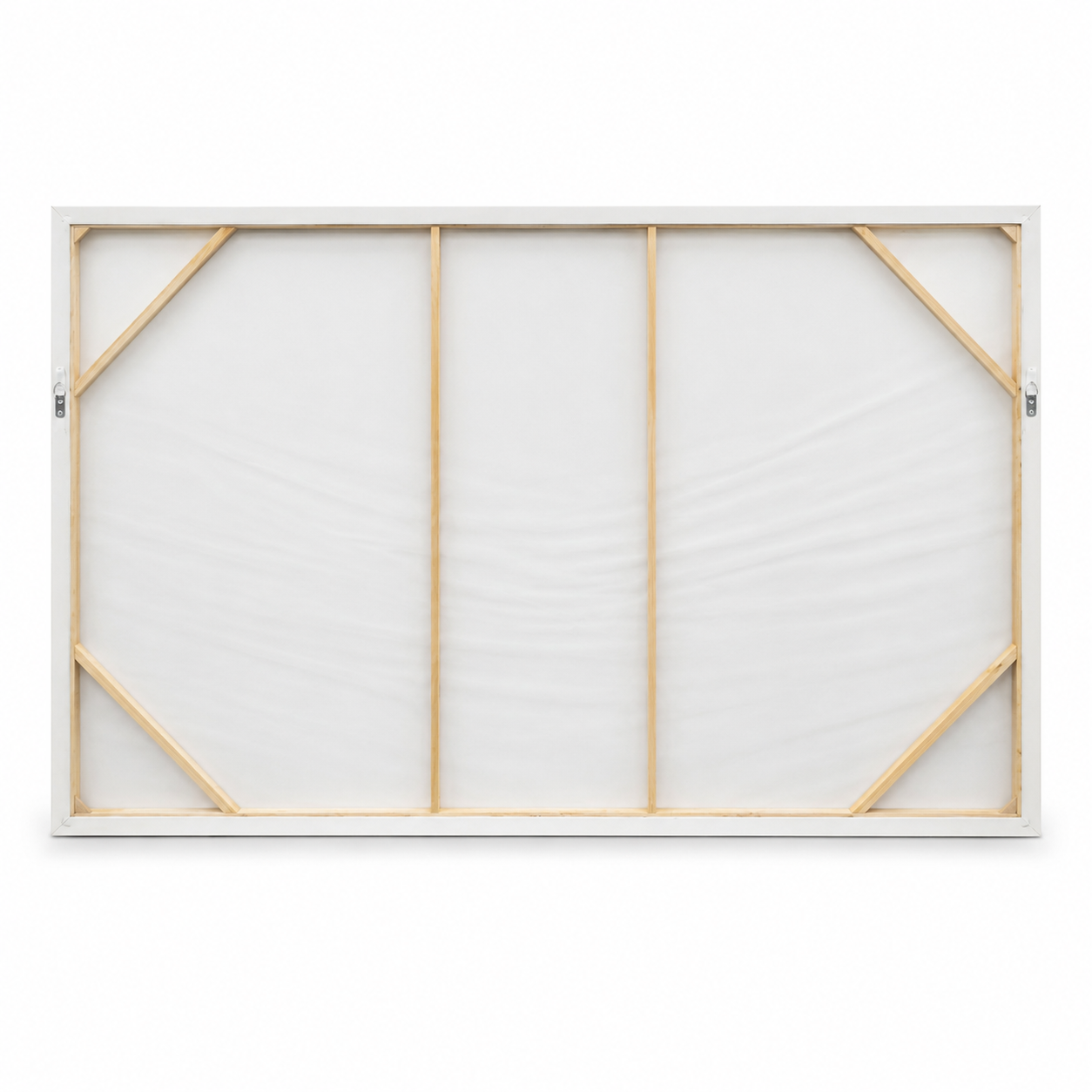60484494 White Wood Framed Abstract Picture - 153 x 83cm back view with wooden supports and hanging fixtures