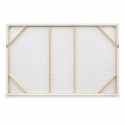 60484494 White Wood Framed Abstract Picture - 153 x 83cm back view with wooden supports and hanging fixtures