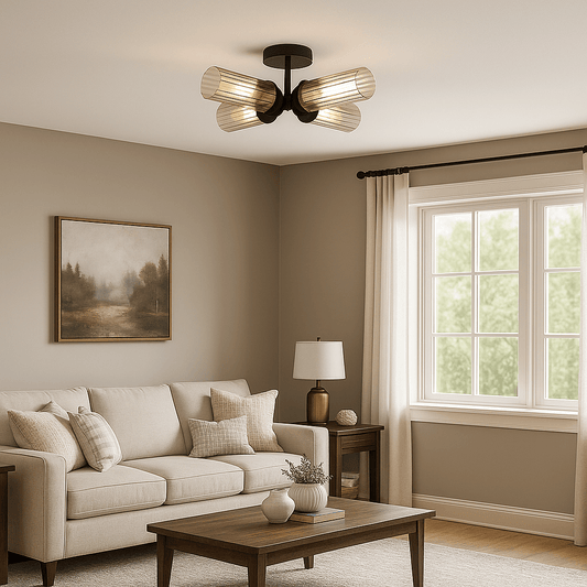 Lights  -  Imperial 4 Light Flush Black & Clear Ribbed Glass Ceiling Light  -  60484698