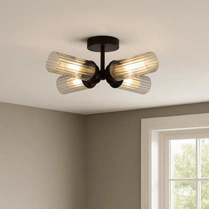 Lights  -  Imperial 4 Light Flush Black & Clear Ribbed Glass Ceiling Light  -  60484698