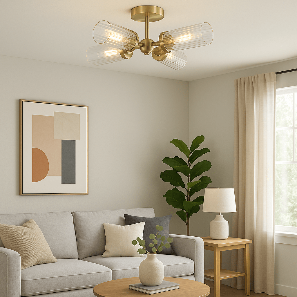 Lights  -  Imperial 4 Light Flush Satin Brass & Clear Ribbed Glass Ceiling Light  -  60484699