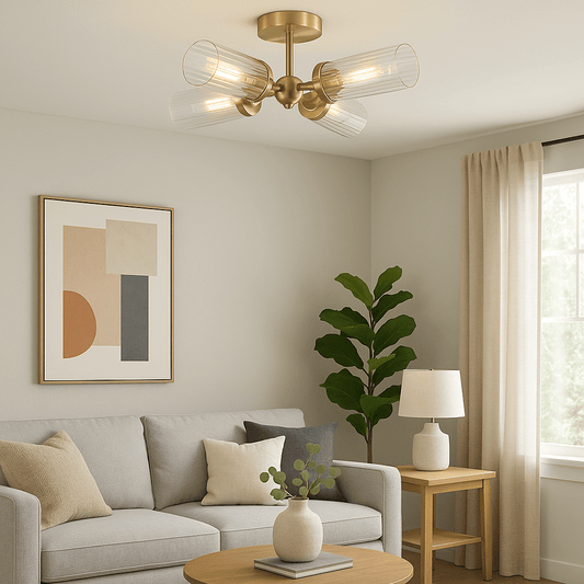 Lights  -  Imperial 4 Light Flush Satin Brass & Clear Ribbed Glass Ceiling Light  -  60484699