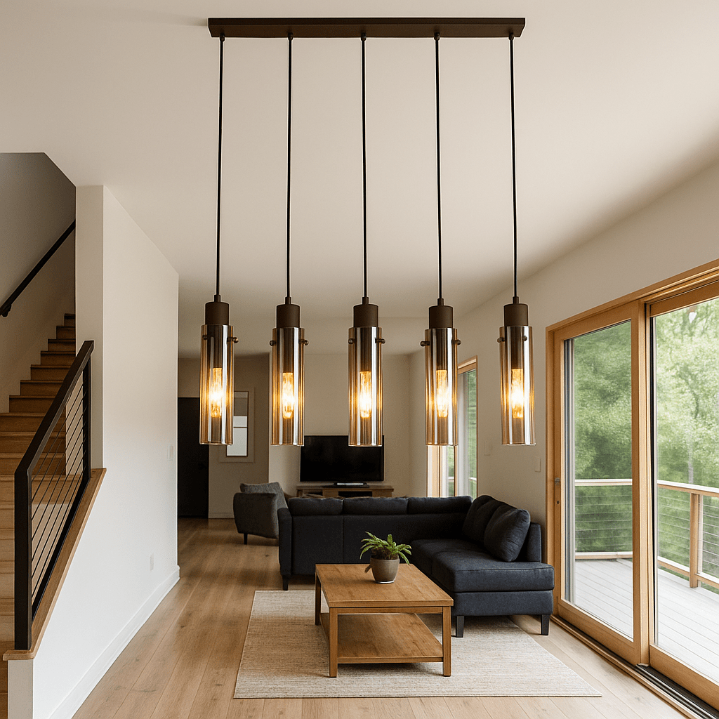 Lights  -  Sweden 5 Light Pendant Light - Mocha Metal & Amber Glass  -  60484718