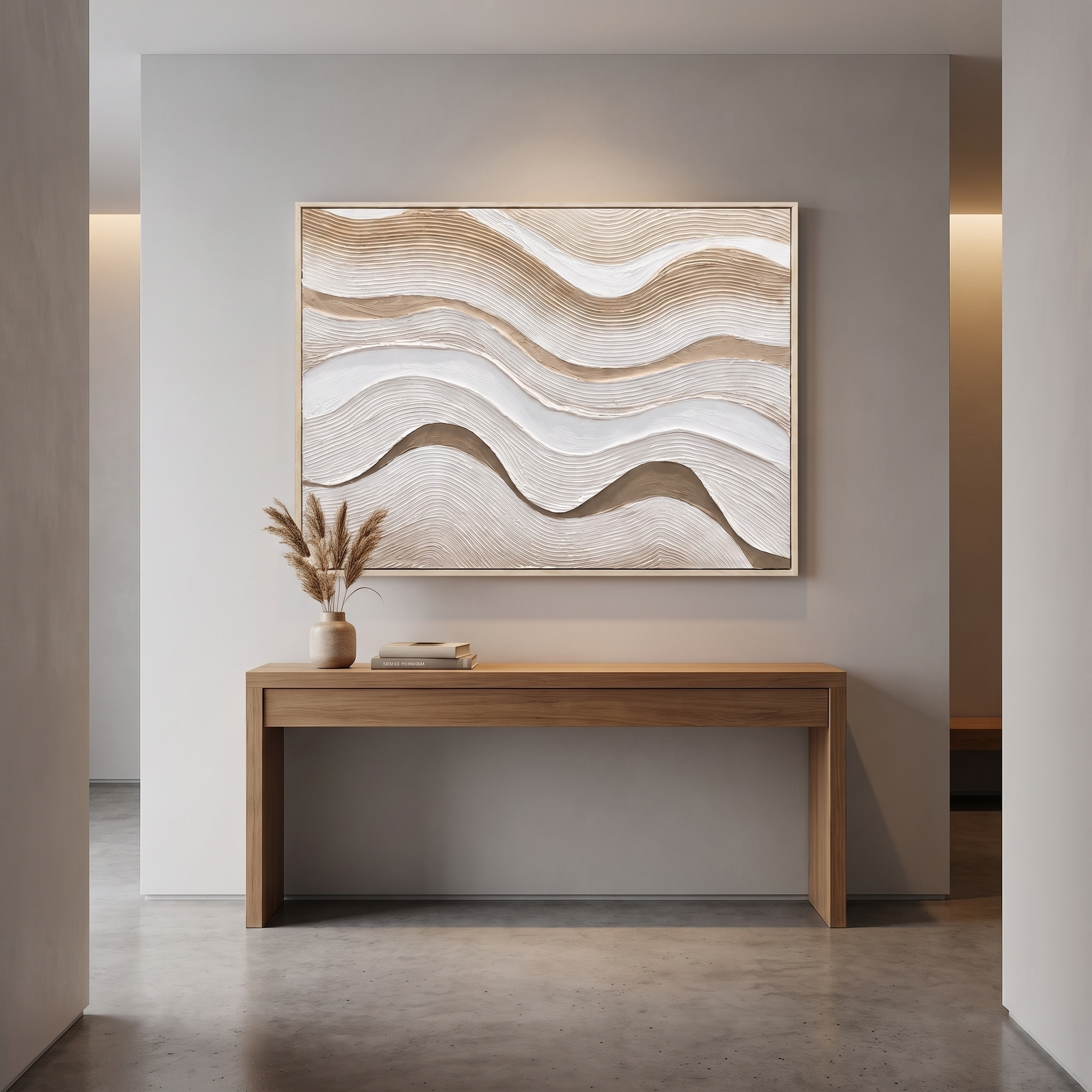 60484733 White Wood Oil Painting - 120 x 90cm displayed above console table in modern neutral interior