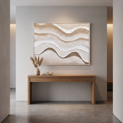 60484733 White Wood Oil Painting - 120 x 90cm displayed above console table in modern neutral interior