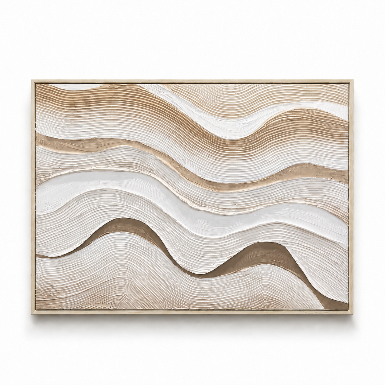60484733 White Wood Oil Painting - 120 x 90cm white beige textured abstract wall art with light wood frame