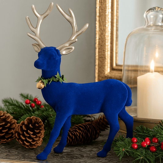 Christmas  -  Midnight Blue Flocked Reindeer with Gold Antlers 32cm  -  60484878