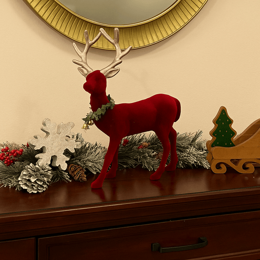 Christmas  -  Burgundy Flocked Reindeer With Gold Antlers - 32cm  -  60484879