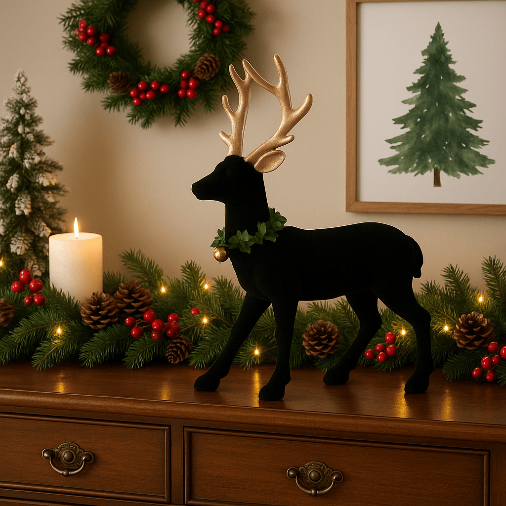 Christmas  -  Black Flocked Reindeer With Gold Antlers - 32cm  -  60484881