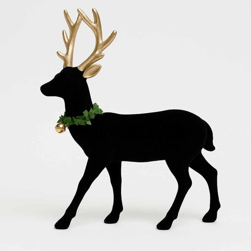 Christmas  -  Black Flocked Reindeer With Gold Antlers - 32cm  -  60484881