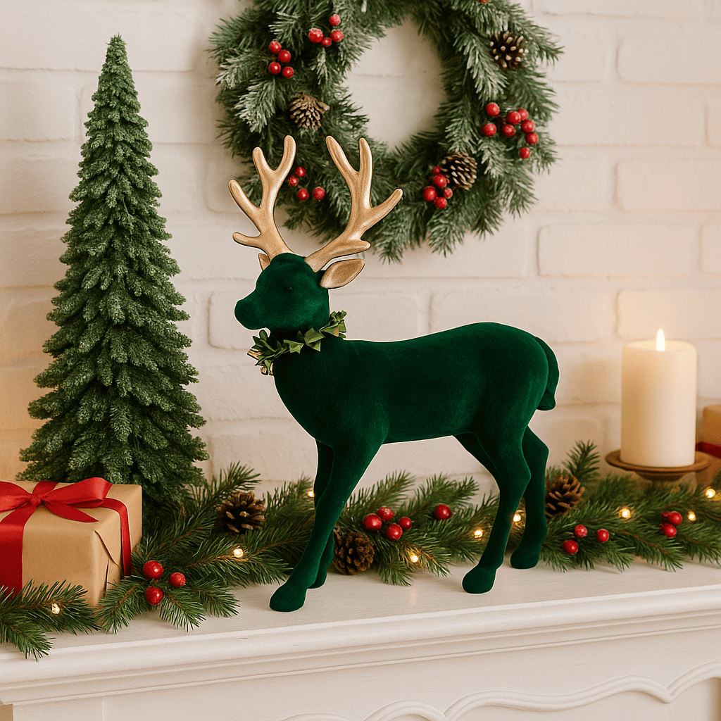 Christmas  -  Green Flocked Reindeer with Gold Antlers - 32cm  -  60484882