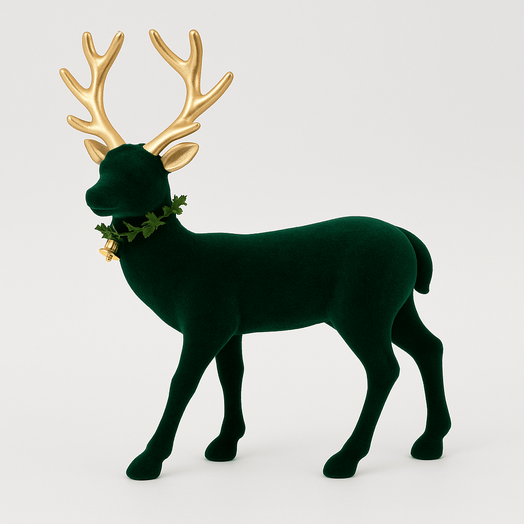 Christmas  -  Green Flocked Reindeer with Gold Antlers - 32cm  -  60484882