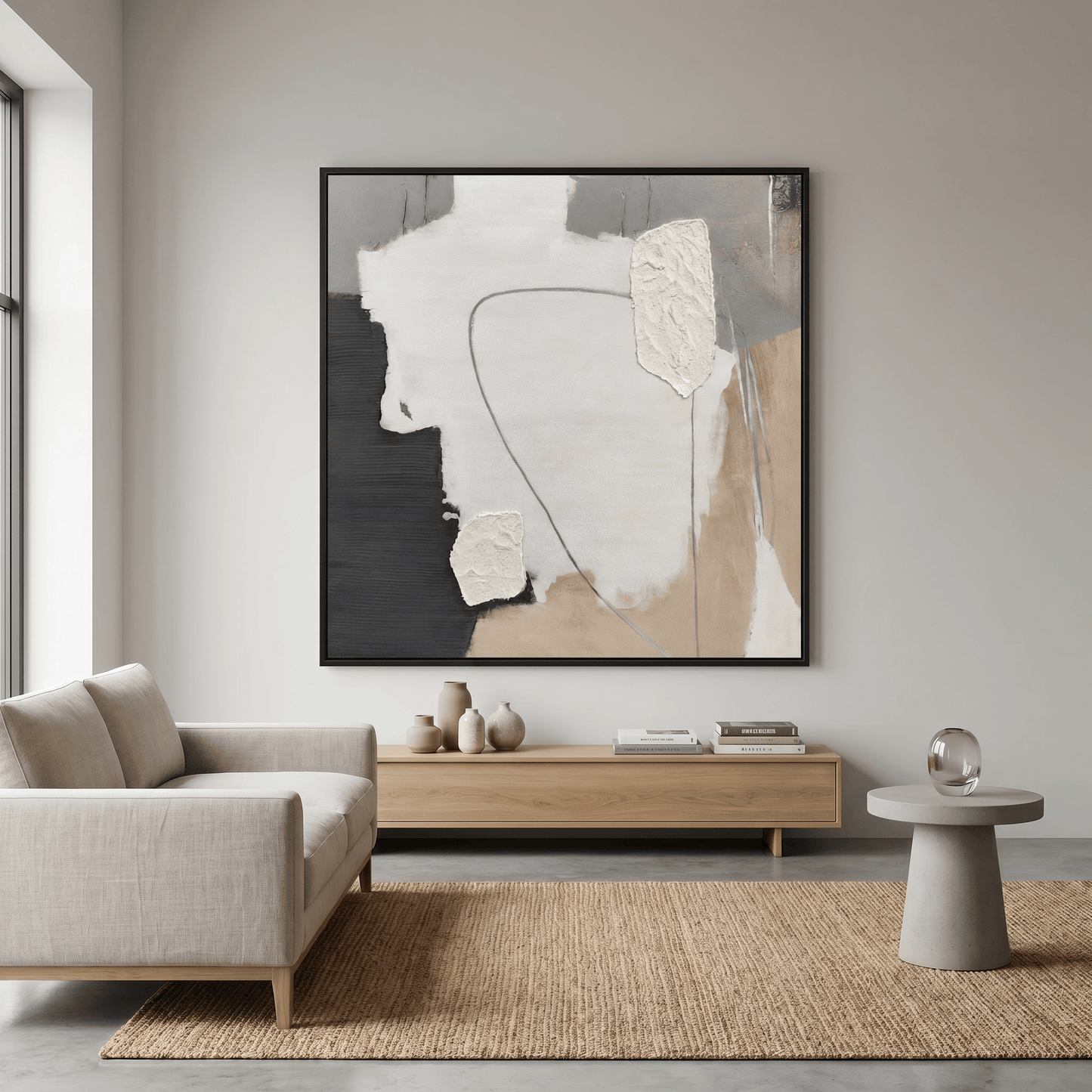 Pictures  -  Textured Abstract Painting on Canvas with Black Frame - 100 x 100cm  -  60484940