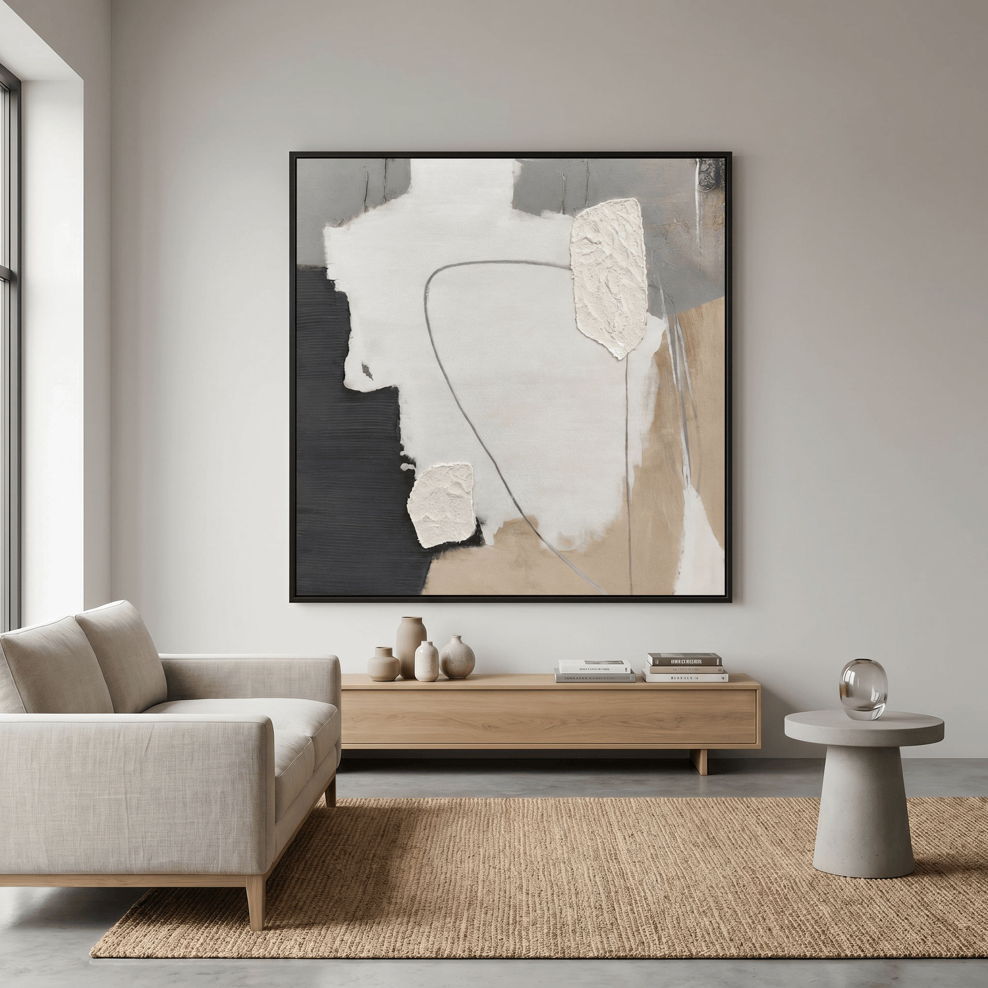 Pictures  -  Textured Abstract Painting on Canvas with Black Frame - 100 x 100cm  -  60484940