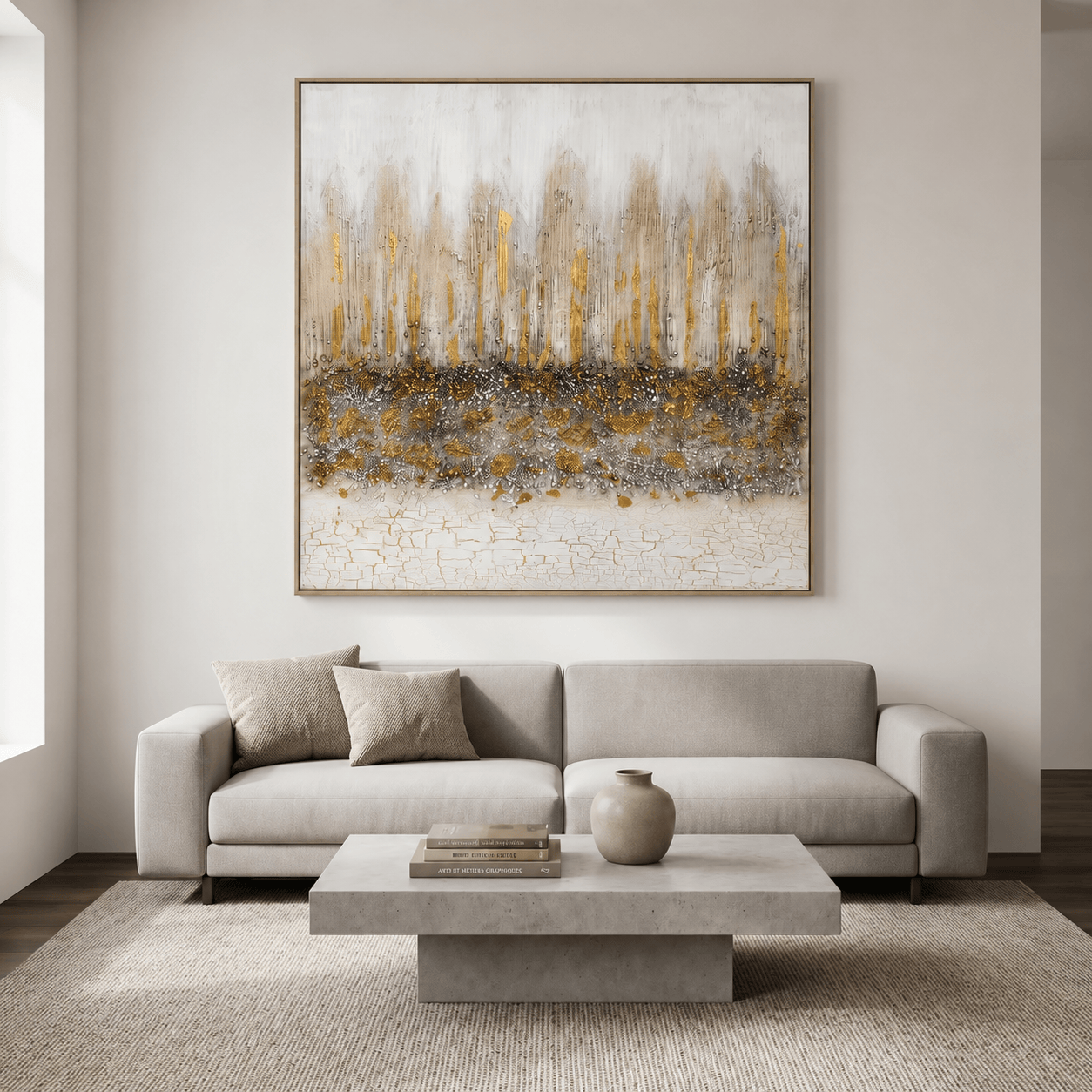 Pictures  -  Gold Painting on Canvas with Light Wood Frame - 100 x 100cm  -  60484941