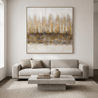 Pictures  -  Gold Painting on Canvas with Light Wood Frame - 100 x 100cm  -  60484941