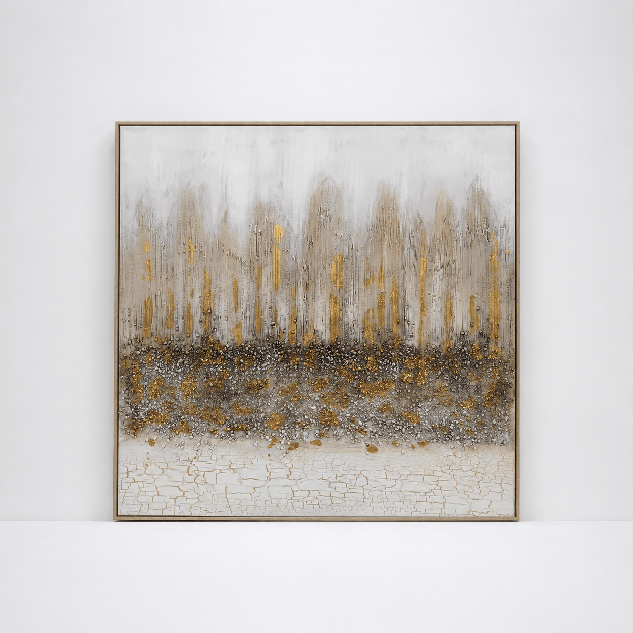 Pictures  -  Gold Painting on Canvas with Light Wood Frame - 100 x 100cm  -  60484941