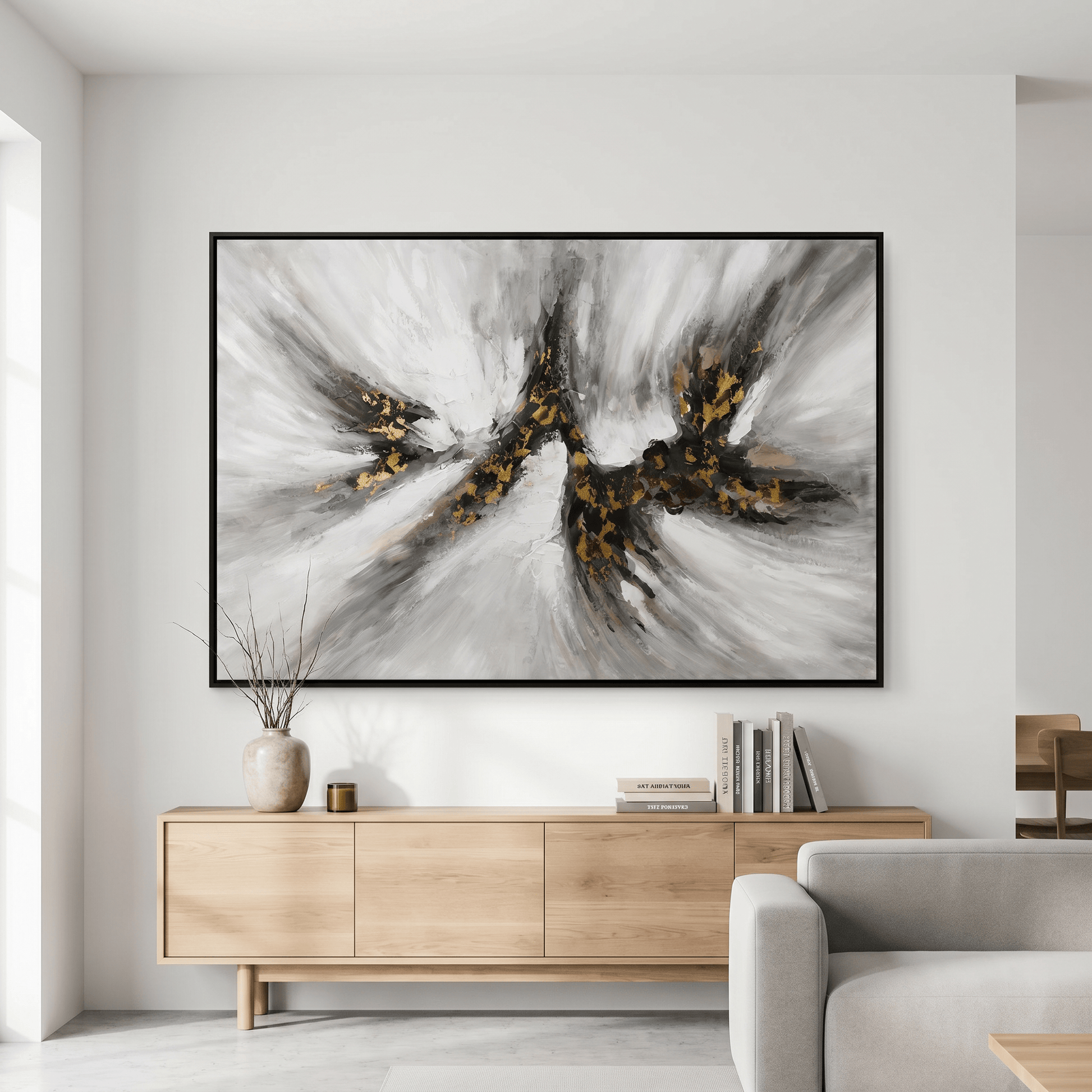 Pictures  -  Black & Gold Painting on Canvas with Black Frame - 120 x 80cm  -  60484945