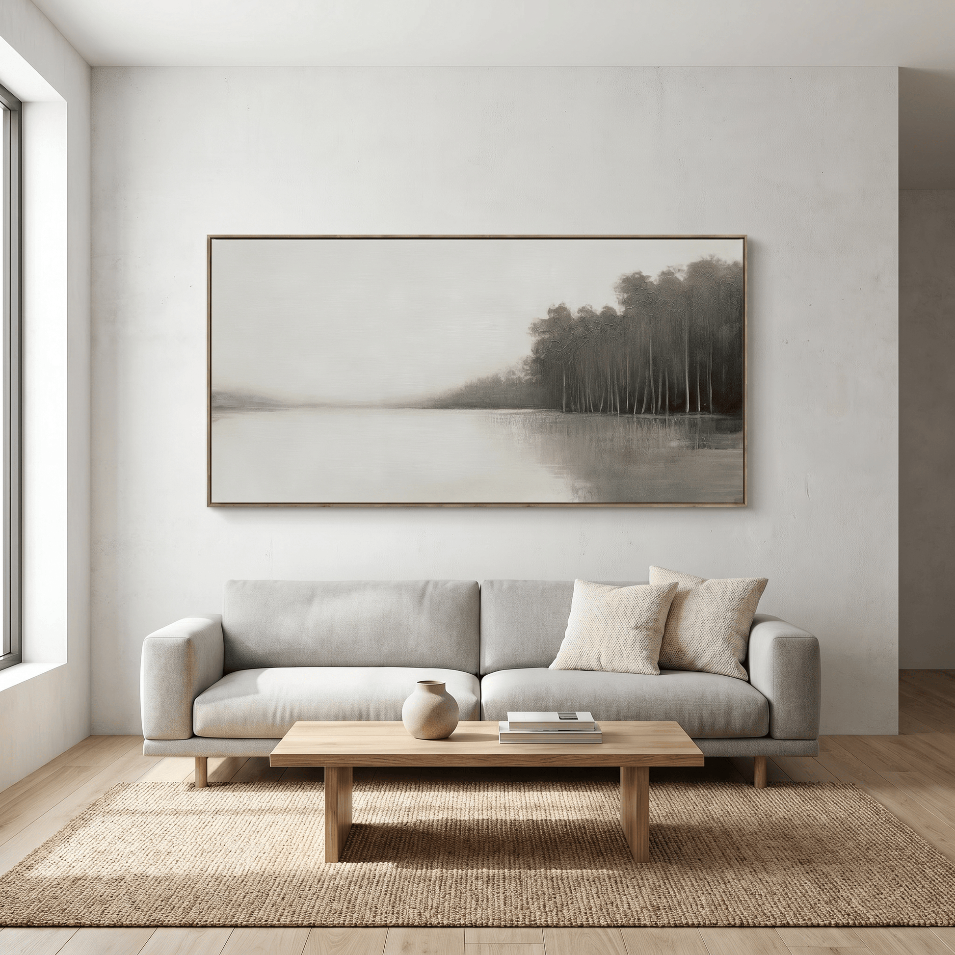 Pictures  -  Lakeside Painting on Canvas with Light Wood Frame - 140 x 70cm  -  60484948