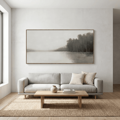 Pictures  -  Lakeside Painting on Canvas with Light Wood Frame - 140 x 70cm  -  60484948