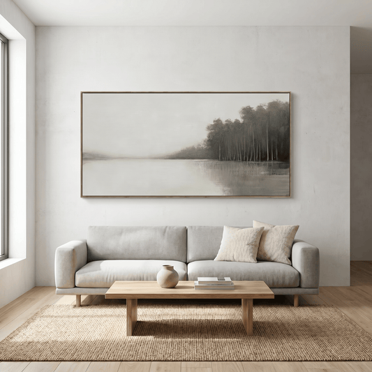 Pictures  -  Lakeside Painting on Canvas with Light Wood Frame - 140 x 70cm  -  60484948