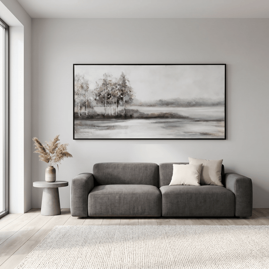 Pictures  -  Lakeside Painting on Canvas with Black Frame - 140 x 70cm  -  60484950