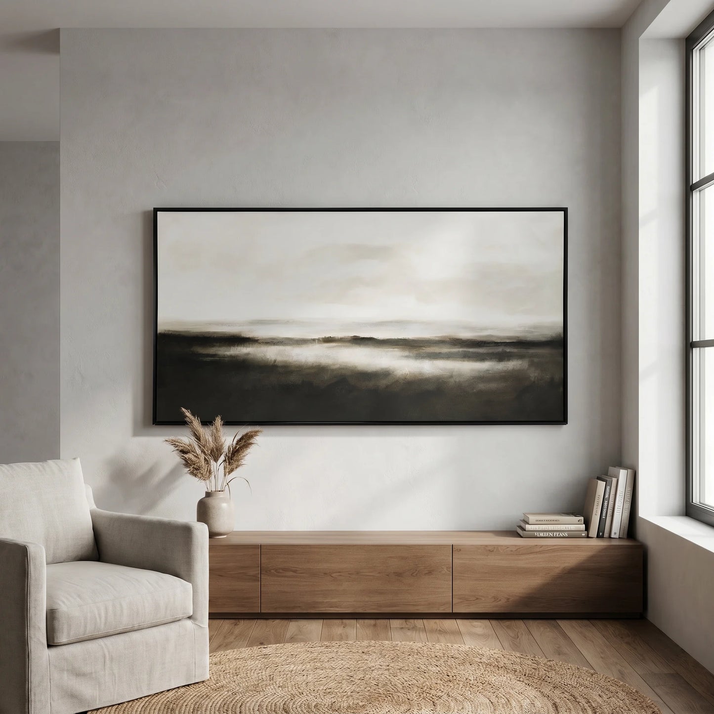 Pictures  -  Dark Coastal Painting on Canvas with Black Frame - 140 x 70cm  -  60484951