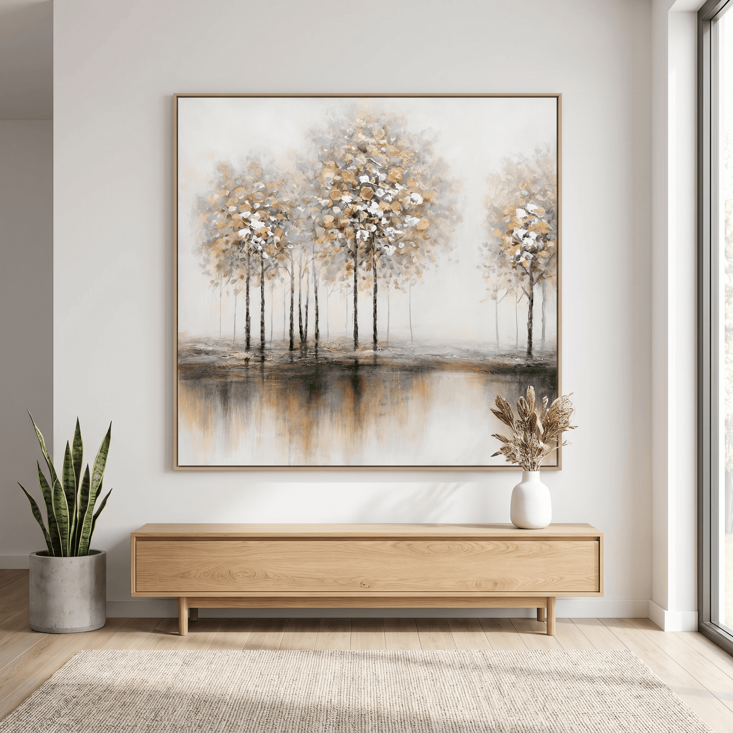Pictures  -  TT Art White & Gold Tree Painting on Canvas with Light Wood Frame - 100 x 100cm (19849)  -  60484955
