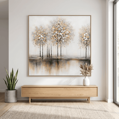 Pictures  -  TT Art White & Gold Tree Painting on Canvas with Light Wood Frame - 100 x 100cm (19849)  -  60484955
