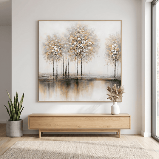 Pictures  -  TT Art White & Gold Tree Painting on Canvas with Light Wood Frame - 100 x 100cm (19849)  -  60484955