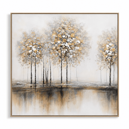 Pictures  -  TT Art White & Gold Tree Painting on Canvas with Light Wood Frame - 100 x 100cm (19849)  -  60484955