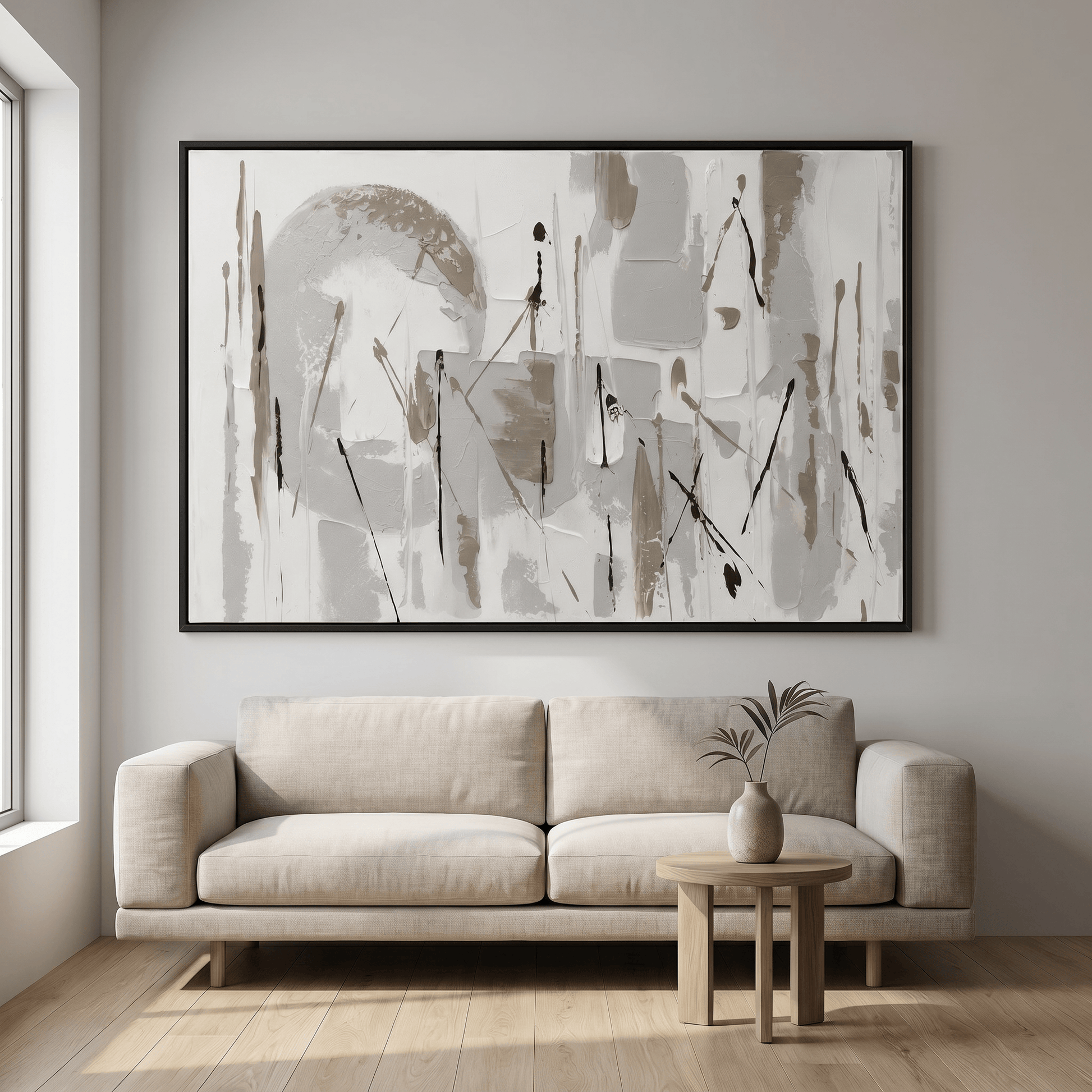 Pictures  -  Black & Grey Abstract Painting on Canvas with Black Frame - 120 x 80cm  -  60484956