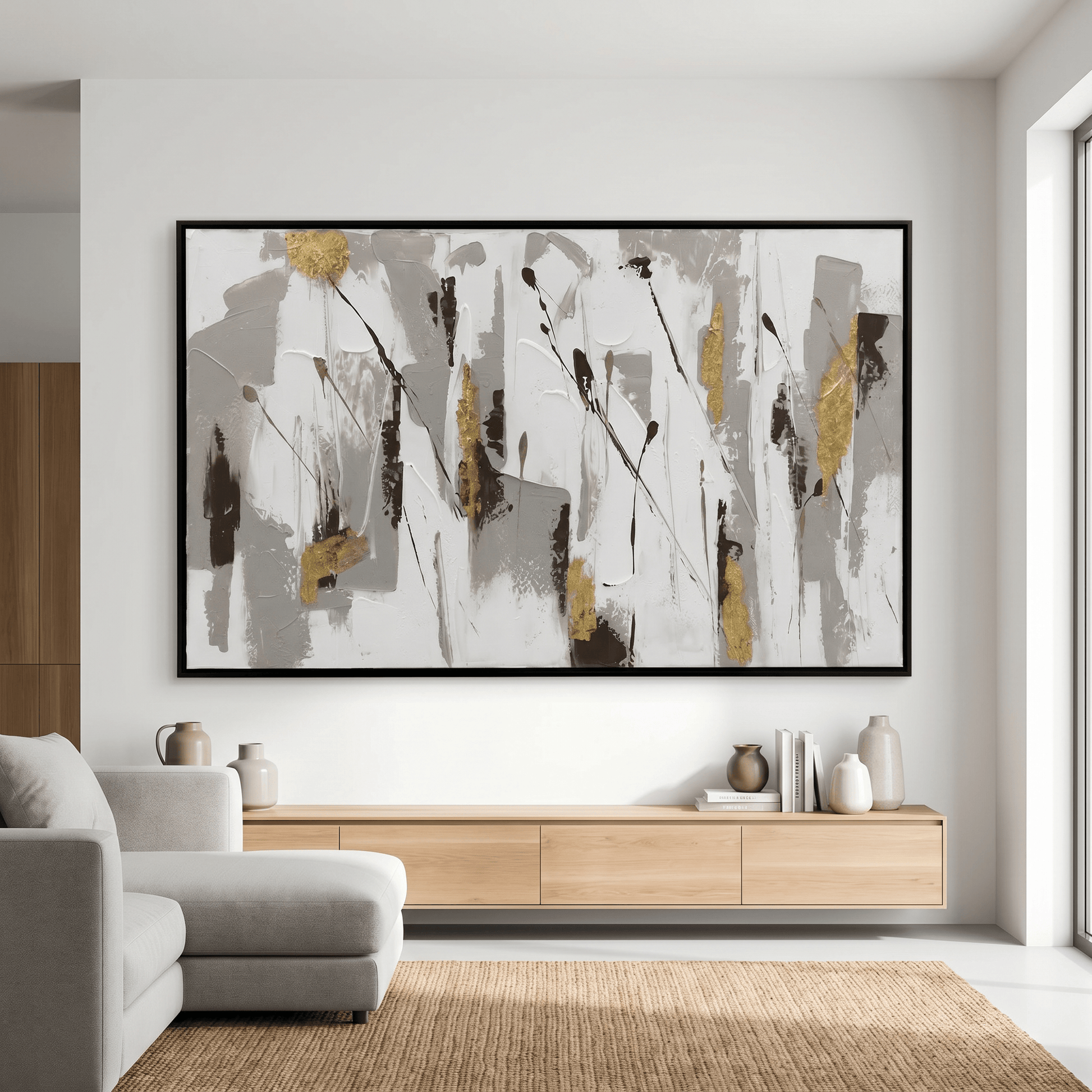 Pictures  -  Gold & Grey Abstract Painting on Canvas with Black Frame - 120 x 80cm  -  60484957