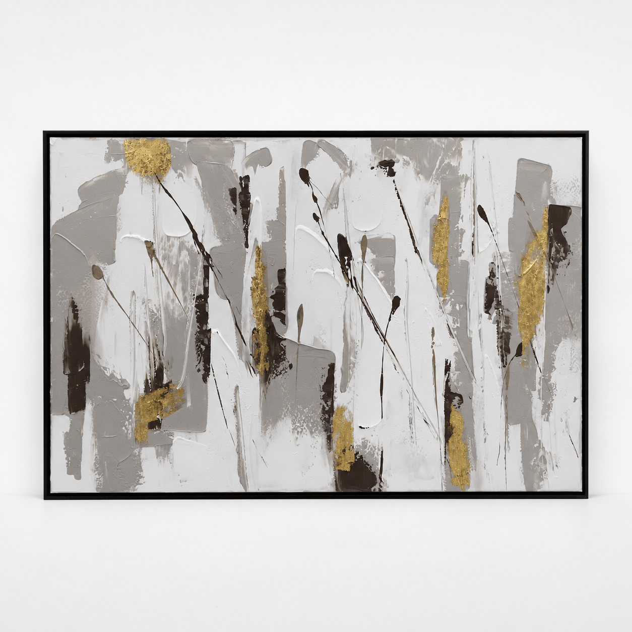 Pictures  -  Gold & Grey Abstract Painting on Canvas with Black Frame - 120 x 80cm  -  60484957