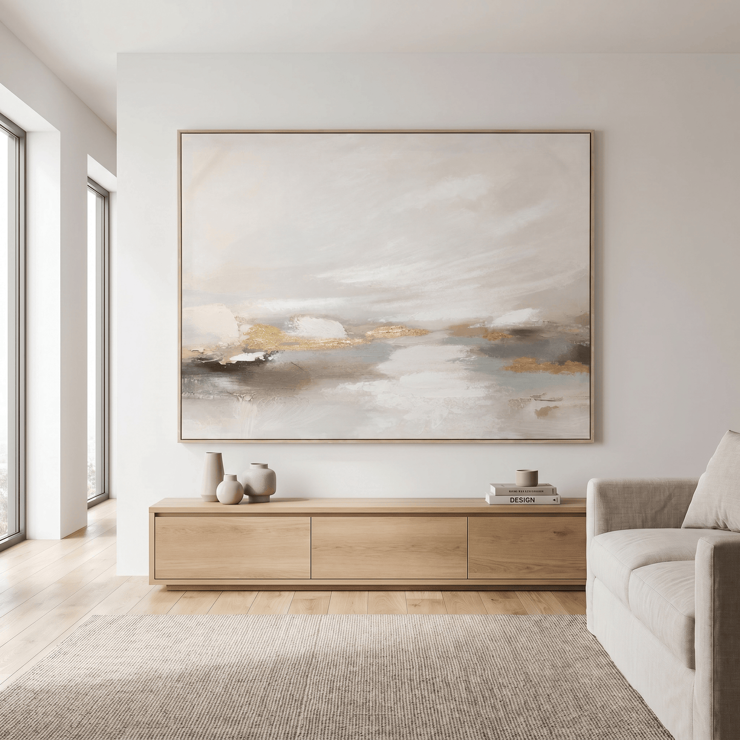 Pictures  -  Gold Detail Painting on Canvas with Light Wood Frame - 120 x 90cm  -  60484959