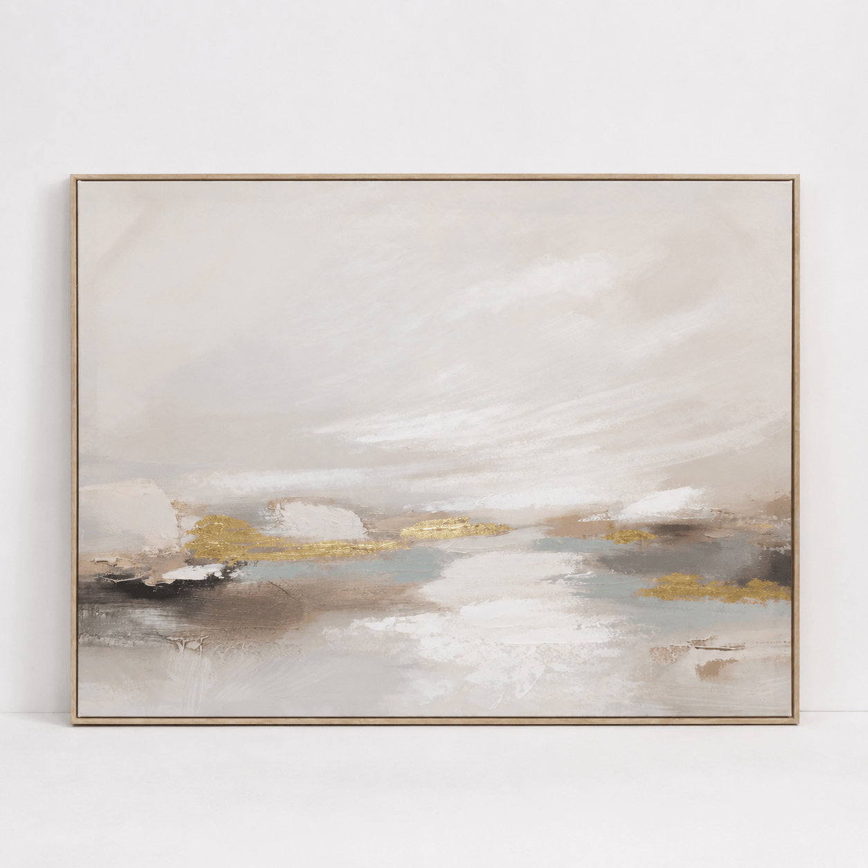 Pictures  -  Gold Detail Painting on Canvas with Light Wood Frame - 120 x 90cm  -  60484959