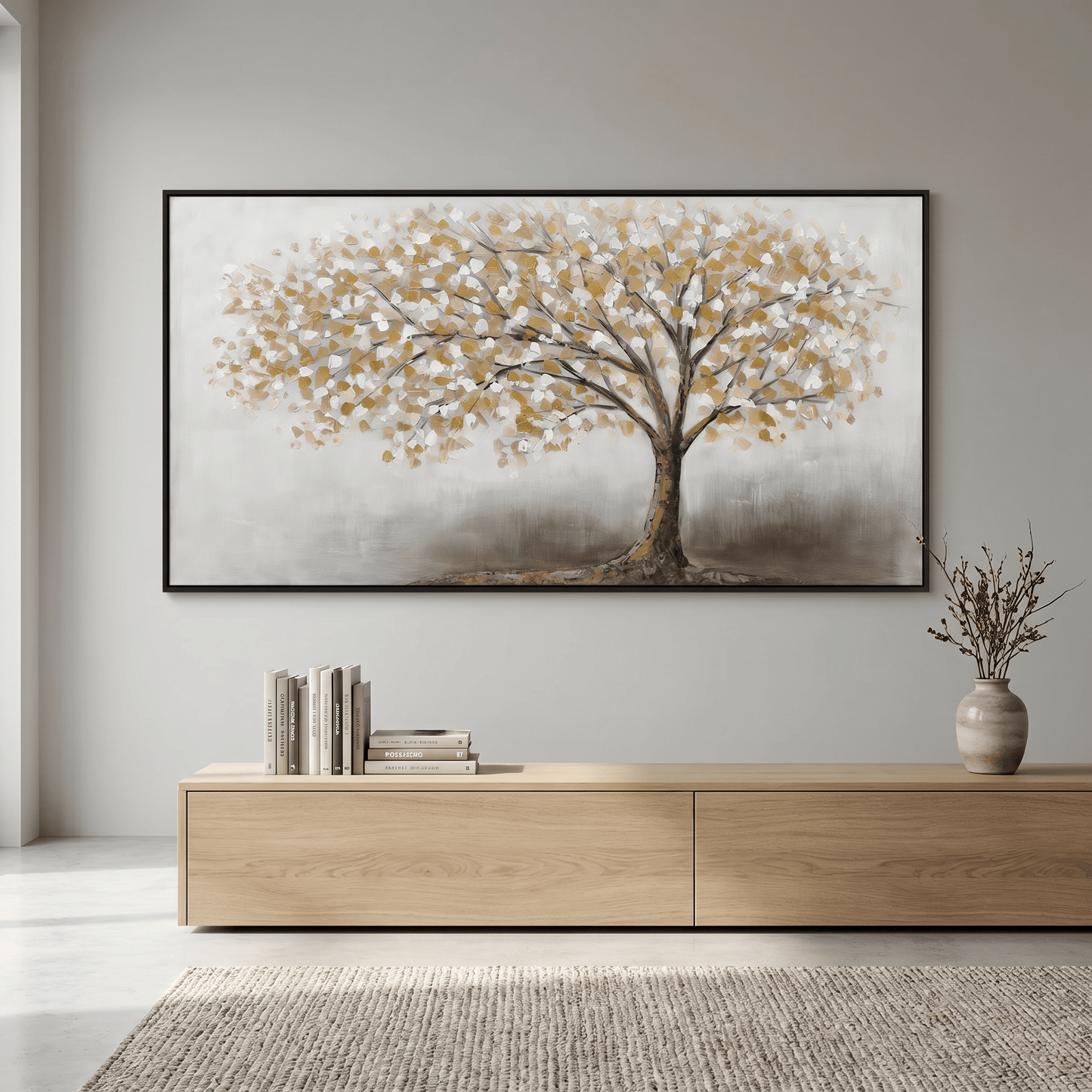 Pictures  -  White & Gold Tree Painting on Canvas with Black Frame - 150 x 80cm  -  60484962