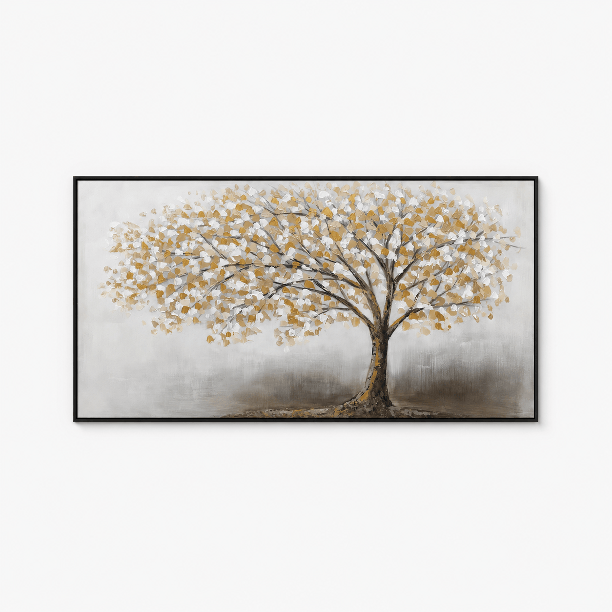 Pictures  -  White & Gold Tree Painting on Canvas with Black Frame - 150 x 80cm  -  60484962