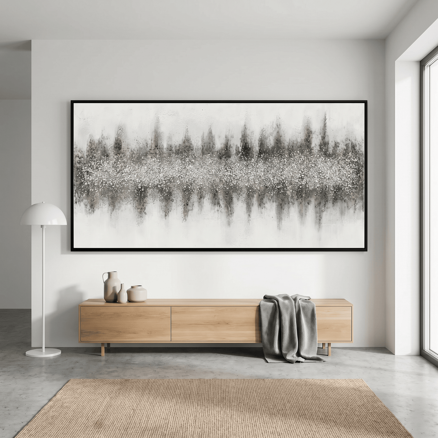 Silver Textured Painting on Canvas with Black Frame - 140 x 70cm